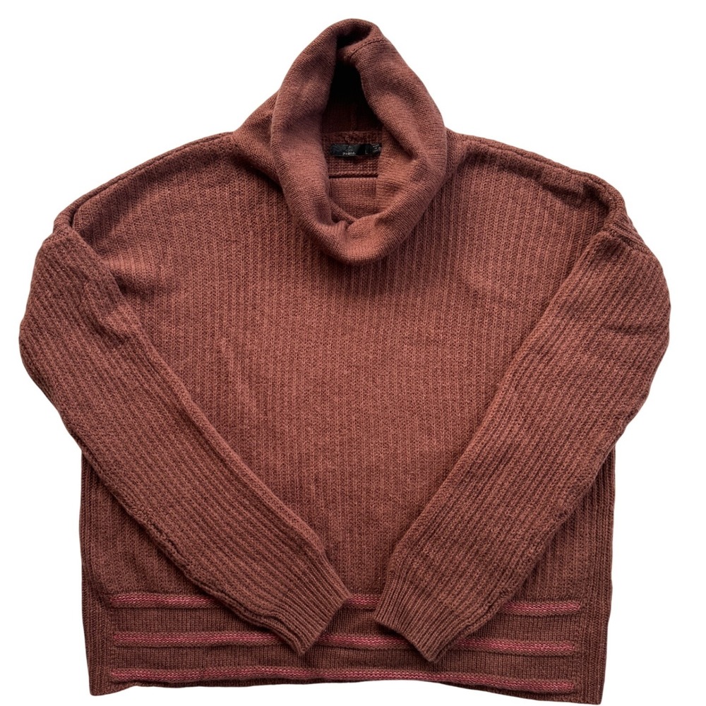 Prana Cowl Neck Sweater Women Large Brown Excellent Ribbed Knit Pullover